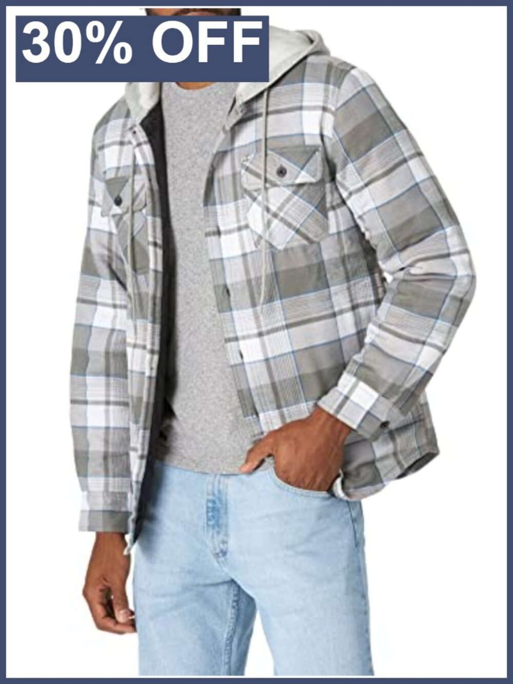 Men's Long Sleeve Quilted Lined Flannel Shirt Jacket with Hood